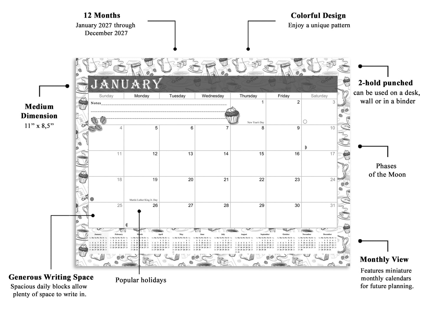 2026-2027 Magnetic/Desk Calendar - Desktop/Wall Calendar/Planner B&W- #030