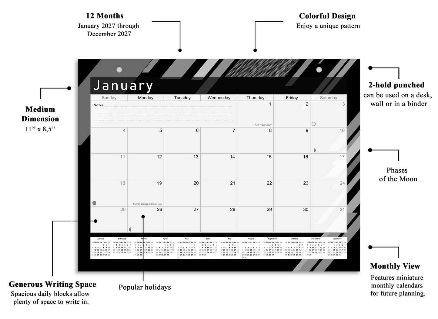 2026-2027 Magnetic/Desk Calendar - Desktop/Wall Calendar/Planner B&W- #013