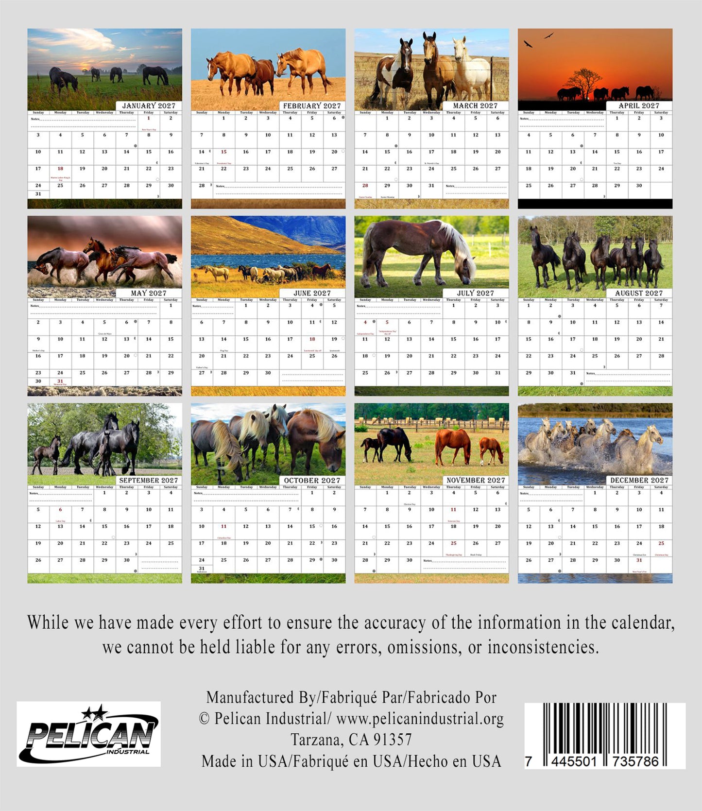 2027-12 Months Desk Calendar Desktop Planner with To-Do List (Horses)