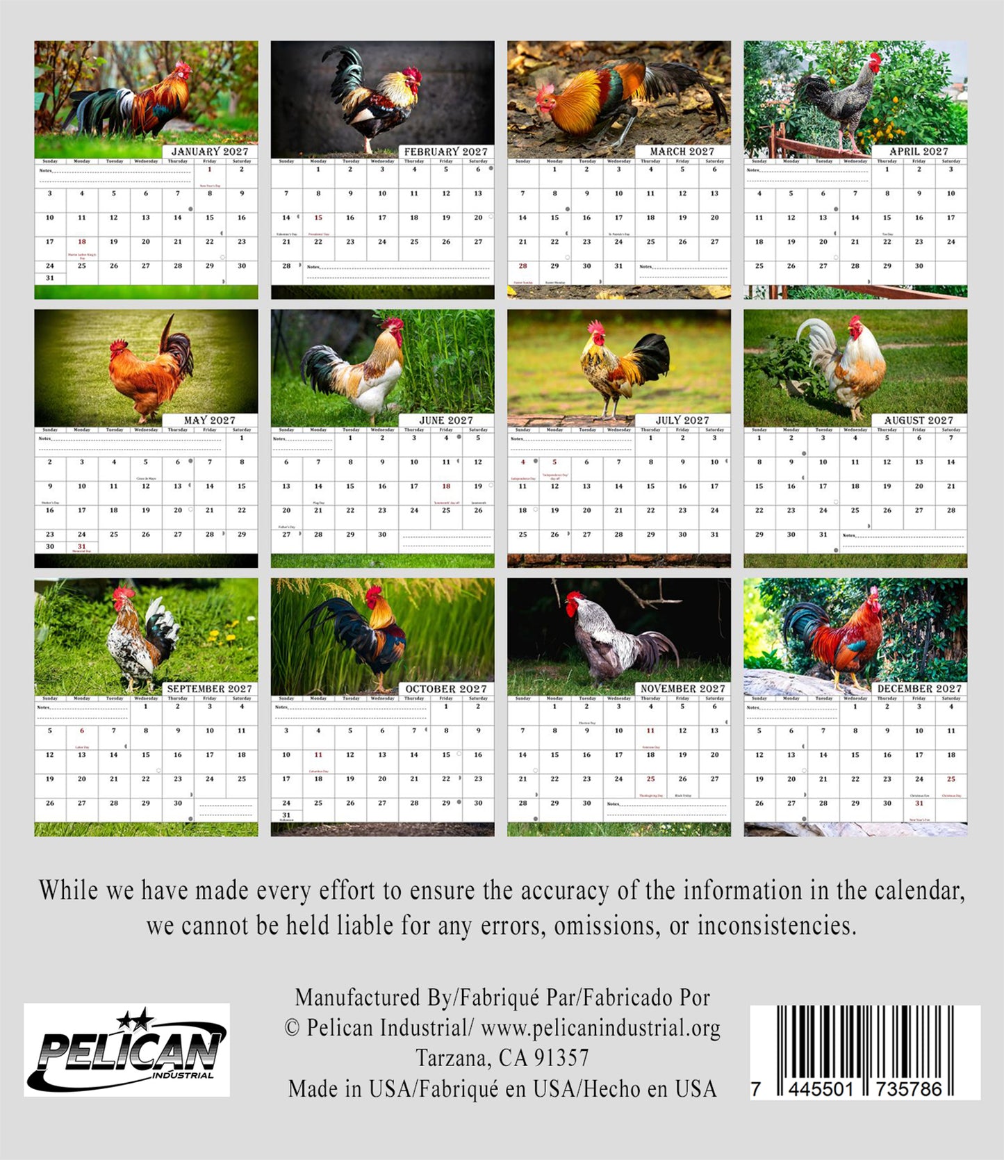 2027-12 Months Desk Calendar Desktop Planner with To-Do List (Roosters)