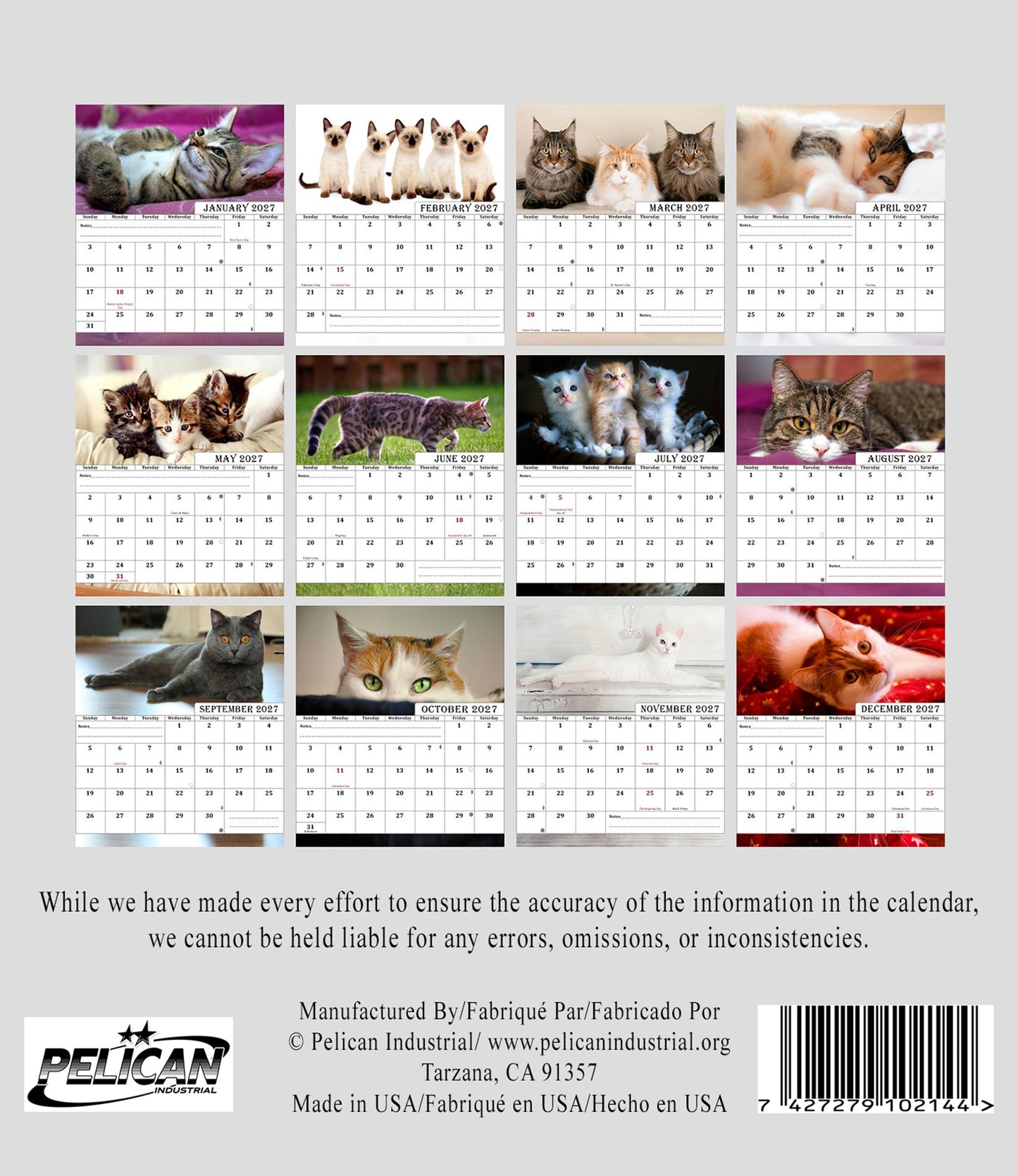 2027-12 Months Desk Calendar Desktop Planner with To-Do List (Cats)