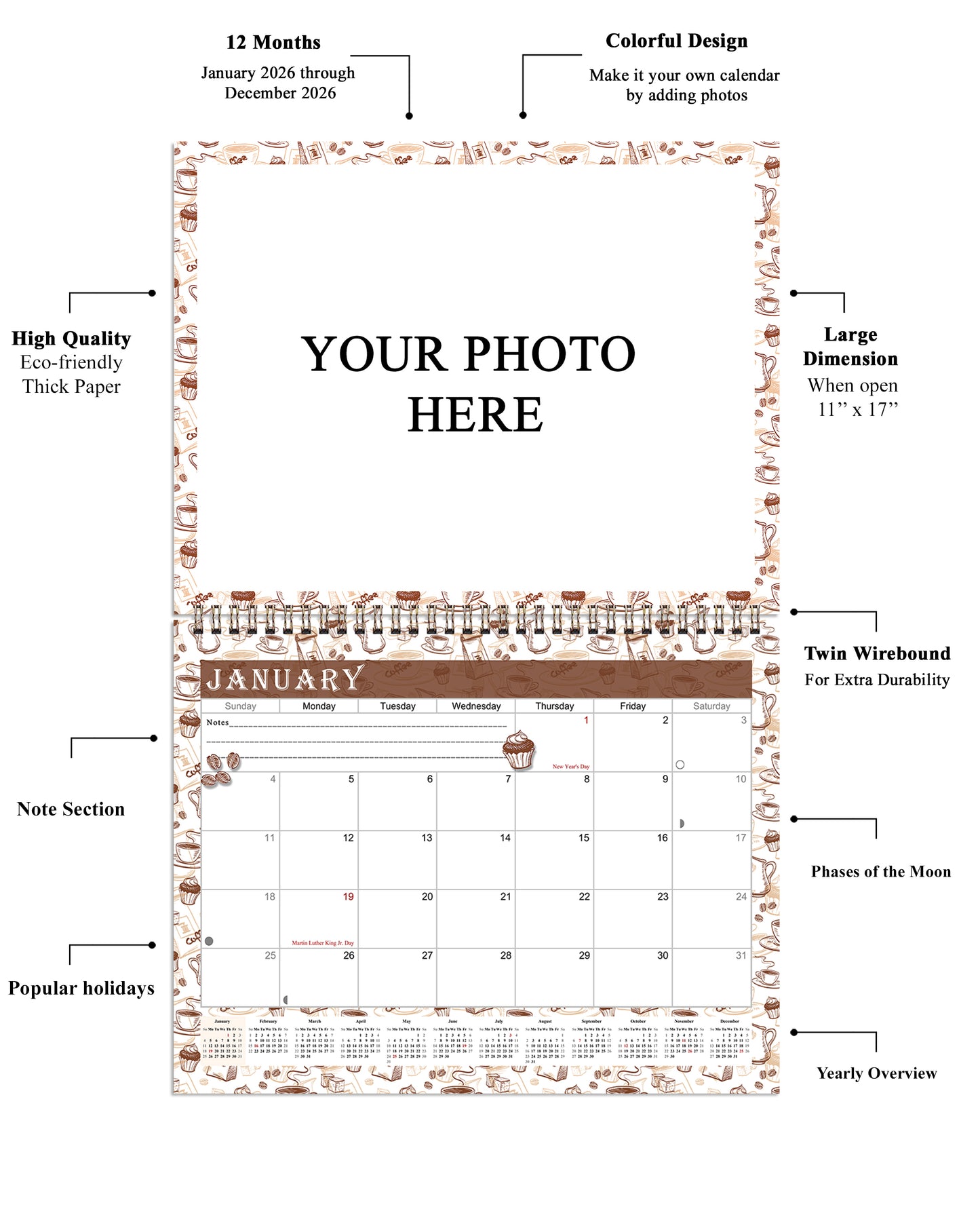 Personalized Custom 2027 Wall Calendar Spiral-bound (Add Your Photos) - 12 Months Desktop/Wall Calendar/Planner - Premium Quality 11 inches by 8.5 inches (11 x 17 Inches Open) Made in USA (Edition #13)
