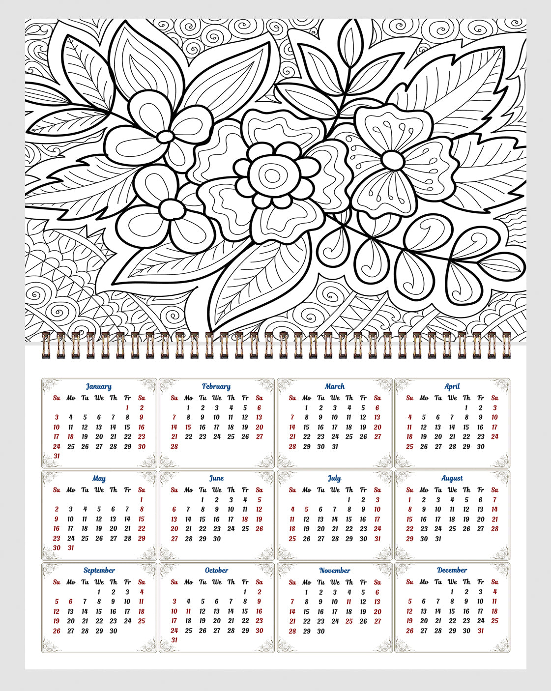 2027 Coloring Wall Calendar - 12 Months Desktop / Wall Calendar (Flowers)
