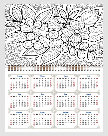2027 Coloring Wall Calendar - 12 Months Desktop / Wall Calendar (Flowers)