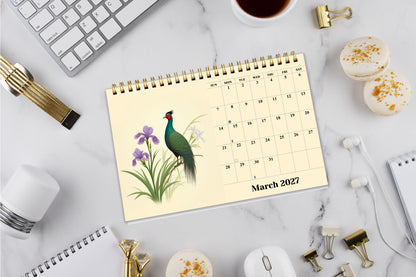 2027-12 Months Desk Calendar Desktop Planner with To-Do List (Ukioy-e Birds)