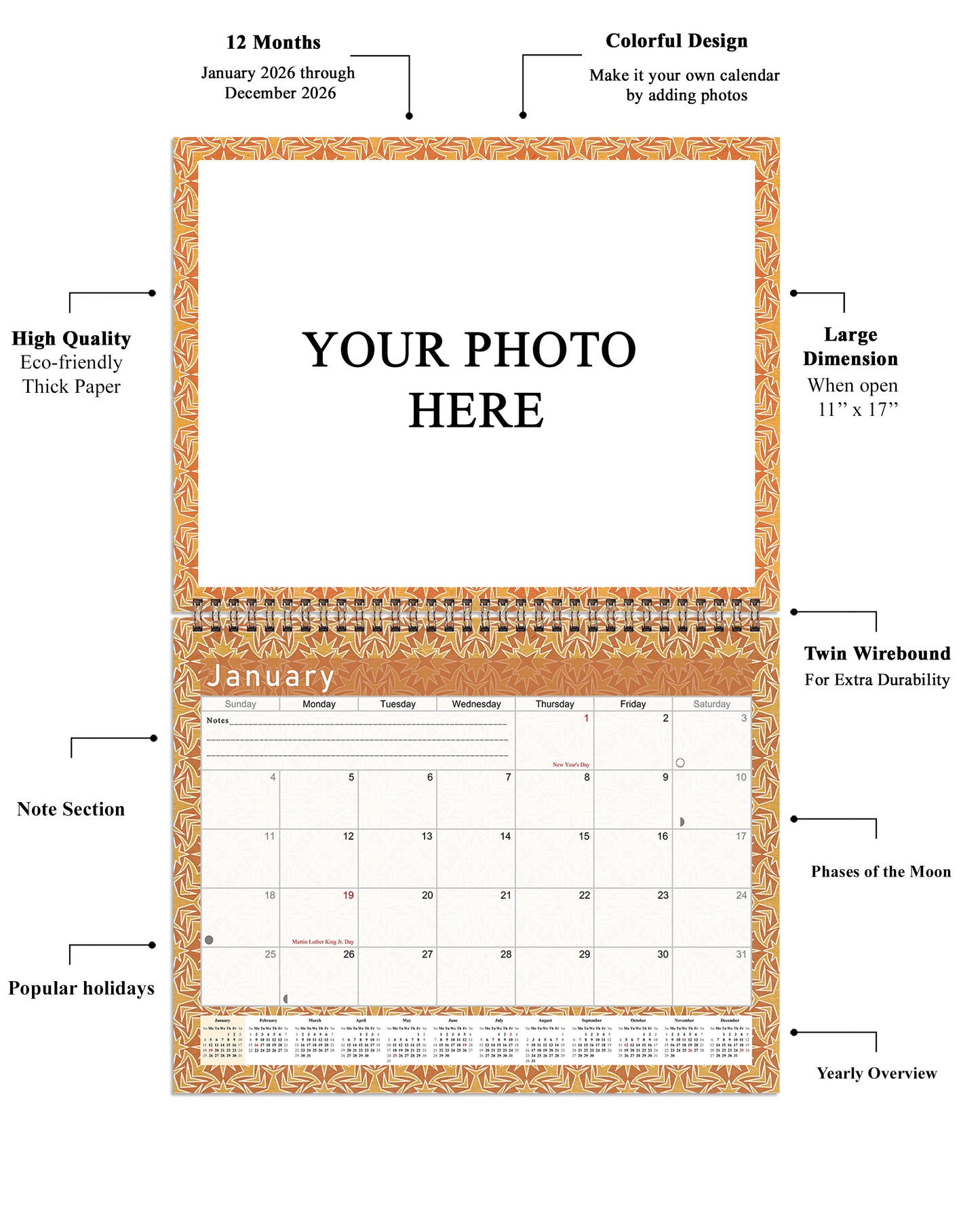 Personalized Custom 2027 Wall Calendar Spiral-bound (Add Your Photos) - 12 Months Desktop/Wall Calendar/Planner - Premium Quality 11 inches by 8.5 inches (11 x 17 Inches Open) Made in USA (Edition #09)
