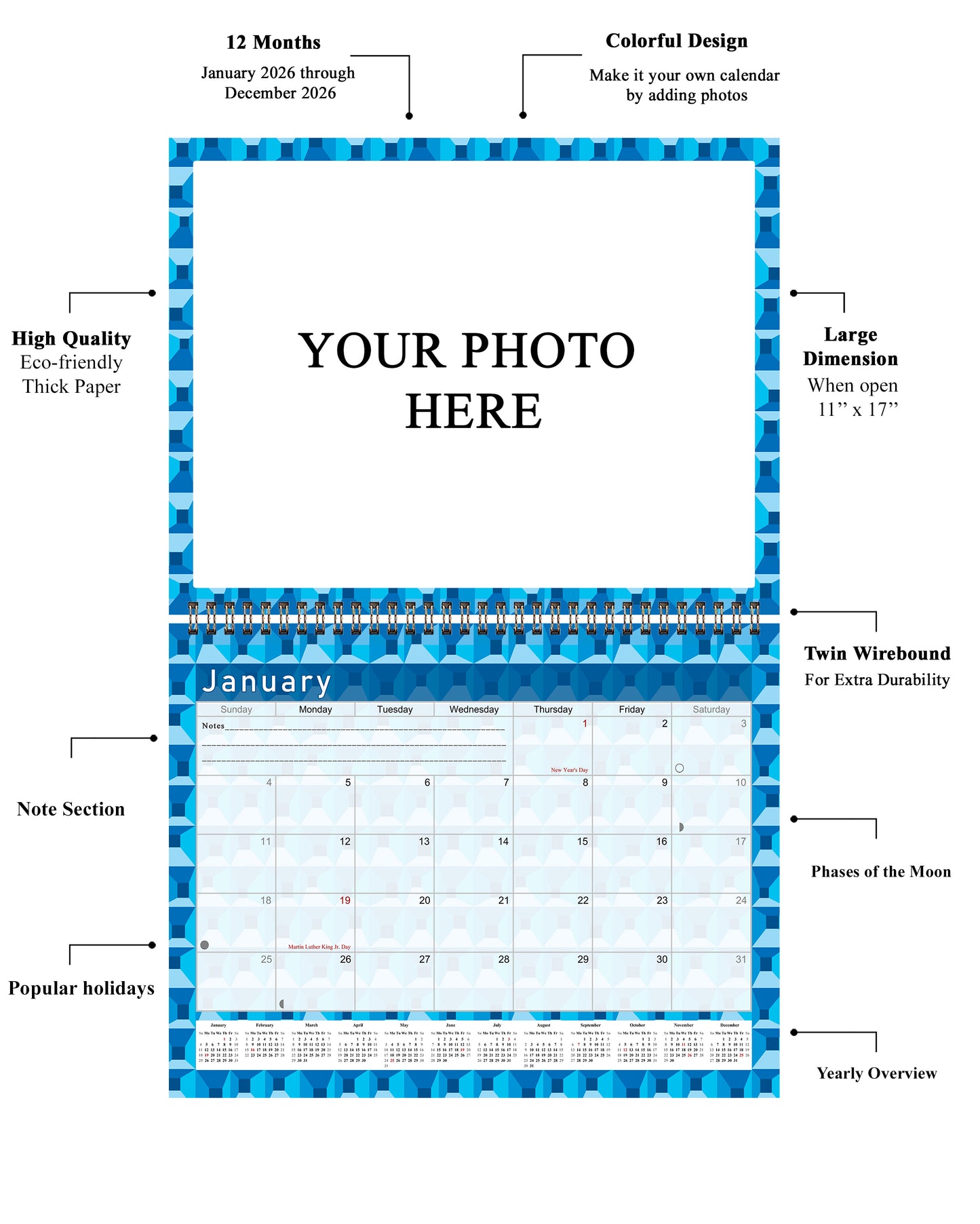 Personalized Custom 2027 Wall Calendar Spiral-bound (Add Your Photos) - 12 Months Desktop/Wall Calendar/Planner - Premium Quality 11 inches by 8.5 inches (11 x 17 Inches Open) Made in USA (Edition #03)