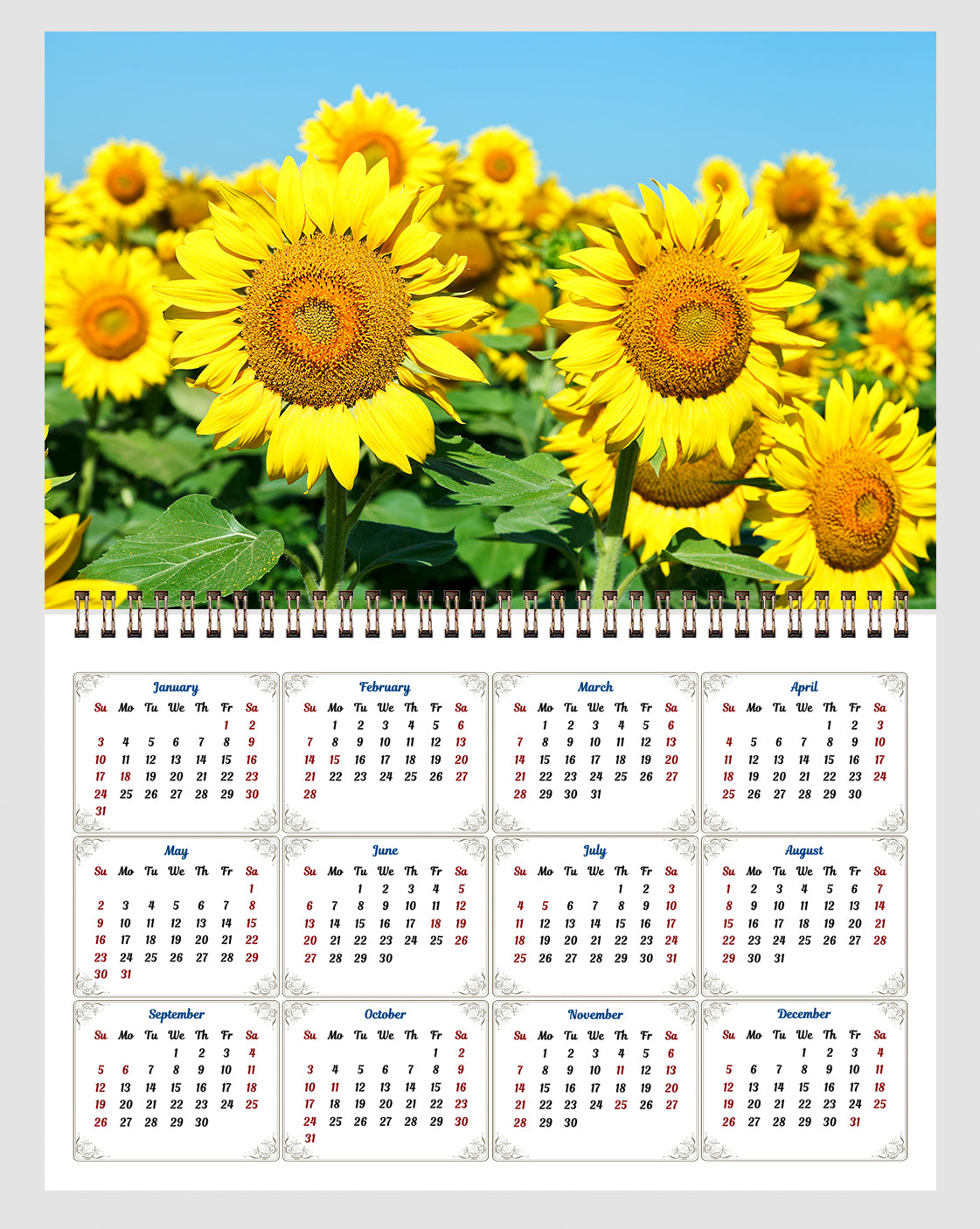 2026 Spiral-bound Wall Calendar (Sunflowers) - 12 Months Desktop/Wall Calendar/Planner