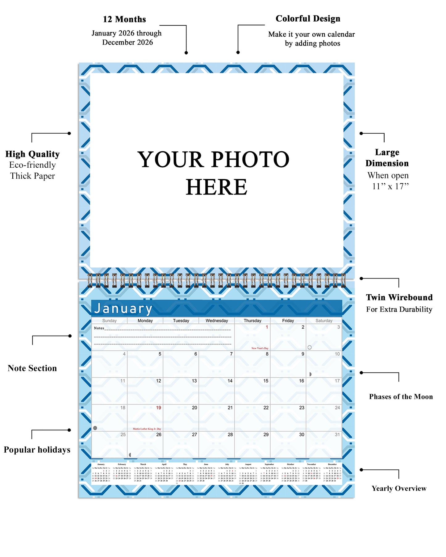 Personalized Custom 2027 Wall Calendar Spiral-bound (Add Your Photos) - 12 Months Desktop/Wall Calendar/Planner - Premium Quality 11 inches by 8.5 inches (11 x 17 Inches Open) Made in USA (Edition #04)