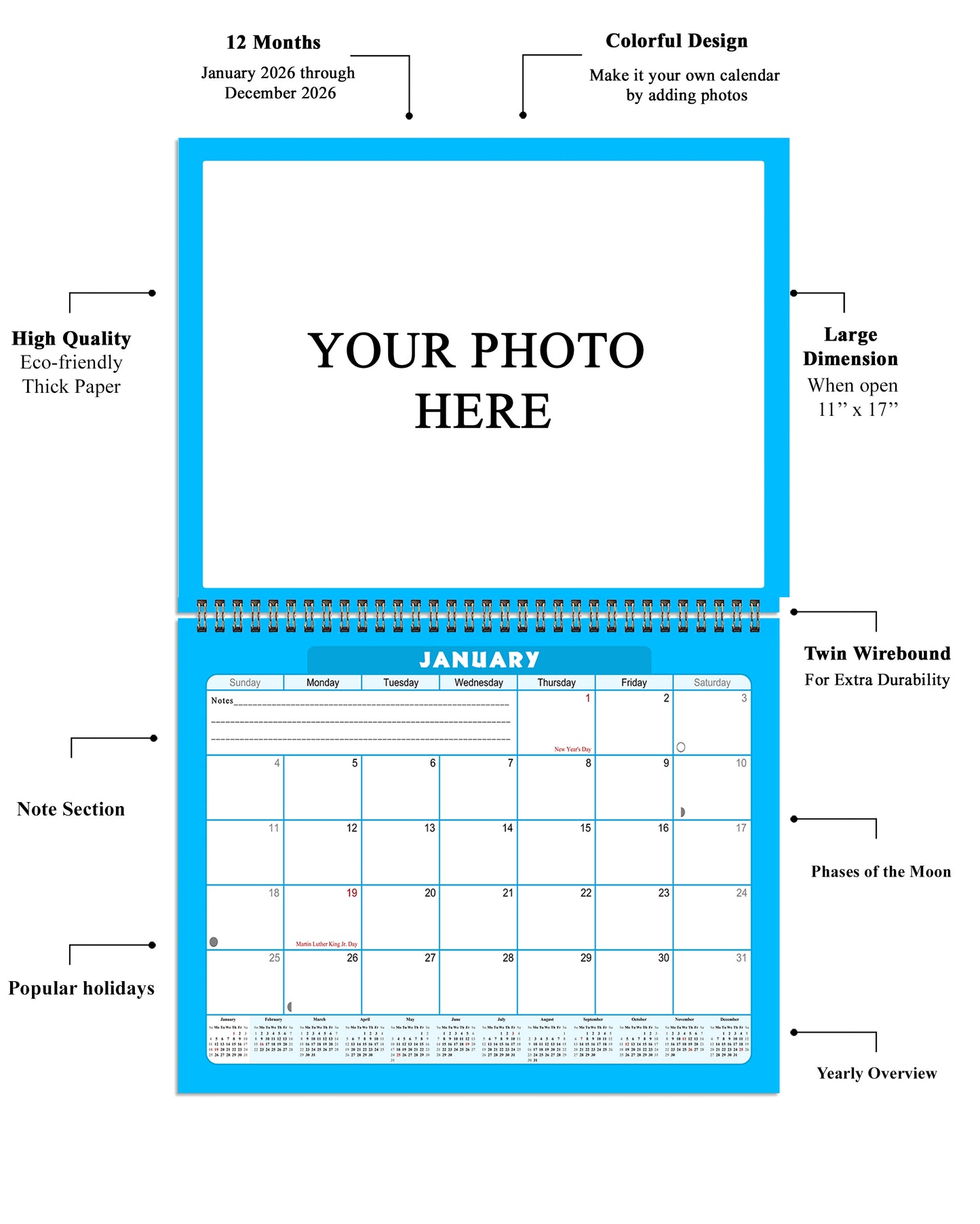 Personalized Custom 2027 Wall Calendar Spiral-bound (Add Your Photos) - 12 Months Desktop/Wall Calendar/Planner - Premium Quality 11 inches by 8.5 inches (11 x 17 Inches Open) Made in USA (Edition #05)