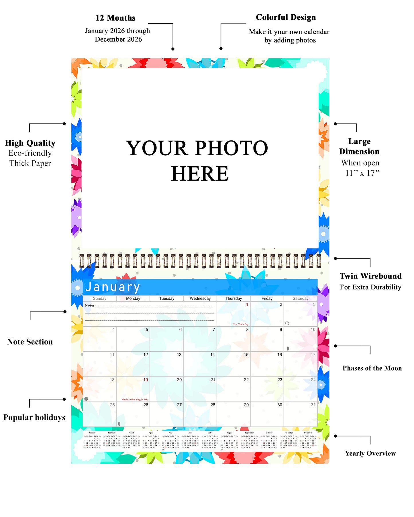 Personalized Custom 2027 Wall Calendar Spiral-bound (Add Your Photos) - 12 Months Desktop/Wall Calendar/Planner - Premium Quality 11 inches by 8.5 inches (11 x 17 Inches Open) Made in USA (Edition #01)