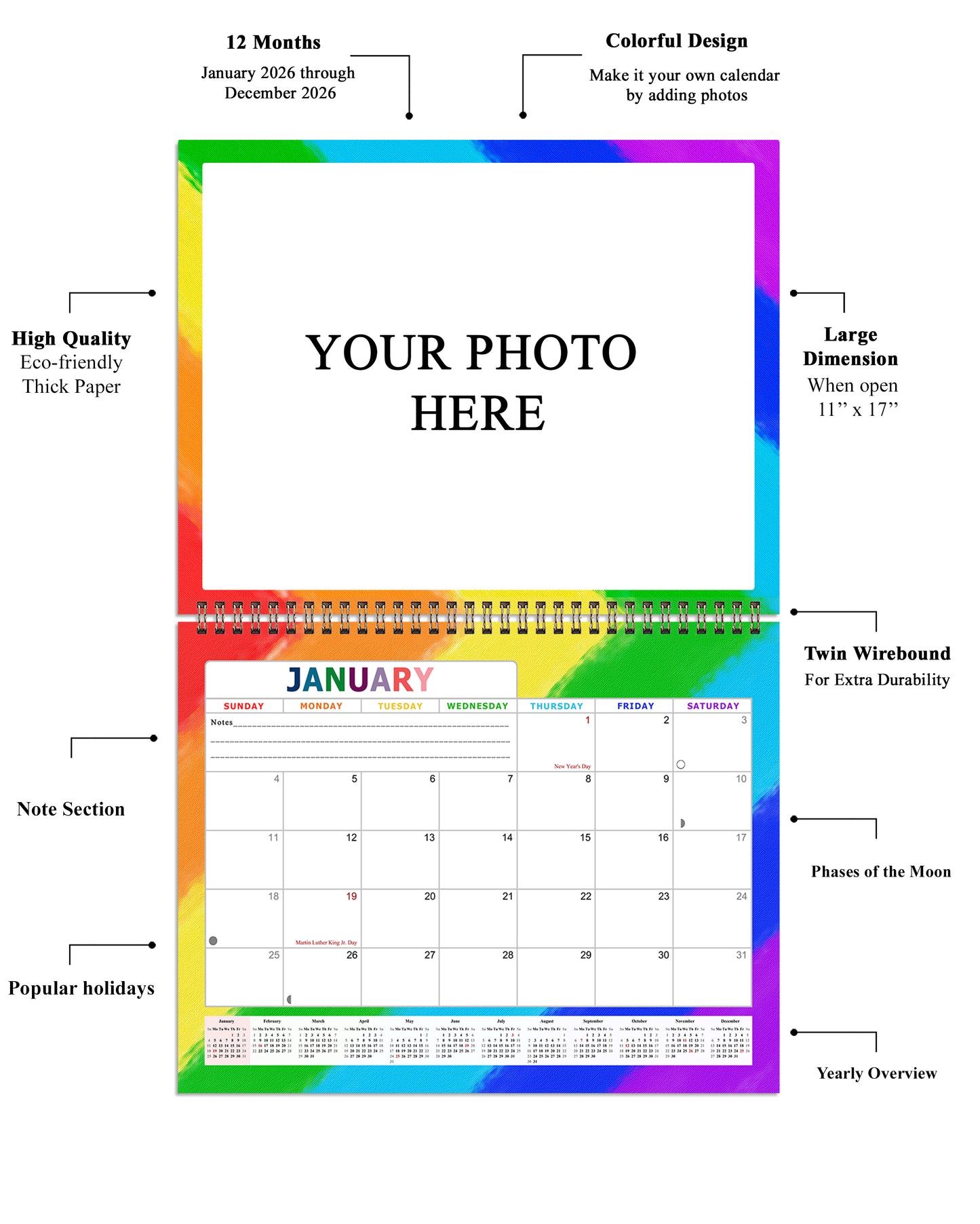 Personalized Custom 2027 Wall Calendar Spiral-bound (Add Your Photos) - 12 Months Desktop/Wall Calendar/Planner - Premium Quality 11 inches by 8.5 inches (11 x 17 Inches Open) Made in USA (Edition #14)
