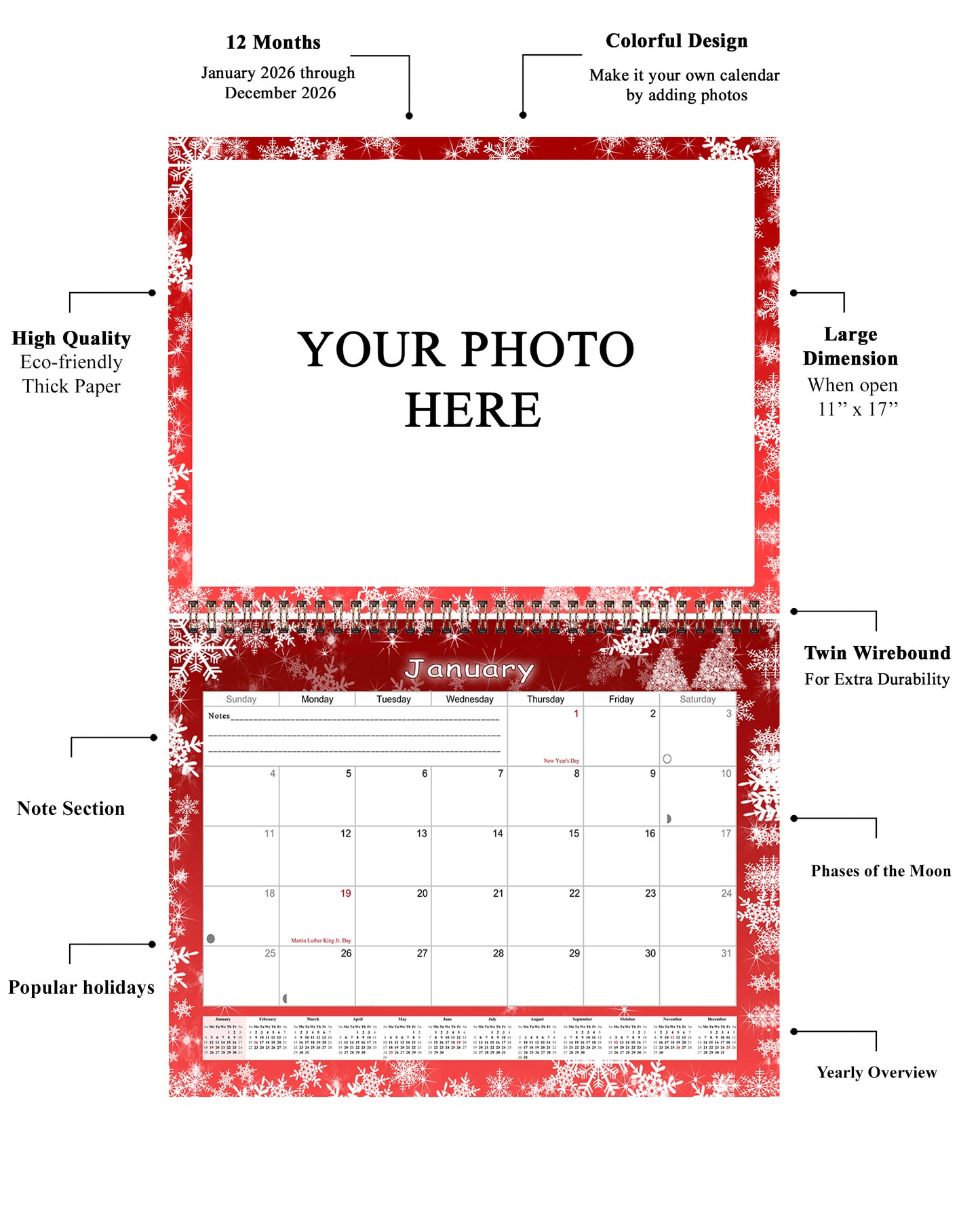 Personalized Custom 2027 Wall Calendar Spiral-bound (Add Your Photos) - 12 Months Desktop/Wall Calendar/Planner - Premium Quality 11 inches by 8.5 inches (11 x 17 Inches Open) Made in USA (Edition #08)