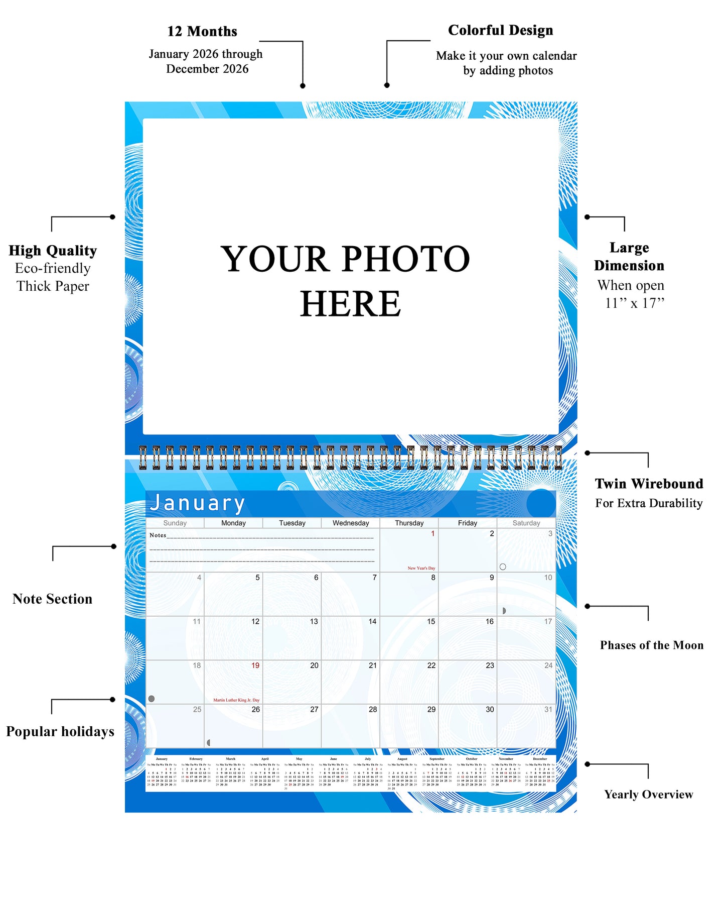 Personalized Custom 2027 Wall Calendar Spiral-bound (Add Your Photos) - 12 Months Desktop/Wall Calendar/Planner - Premium Quality 11 inches by 8.5 inches (11 x 17 Inches Open) Made in USA (Edition #02)