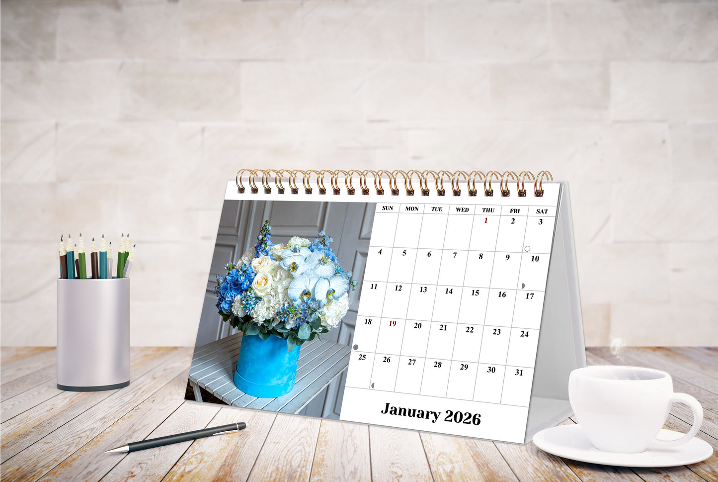 2026-12 Months Desk Calendar Desktop Planner with To-Do List (Bouquets)