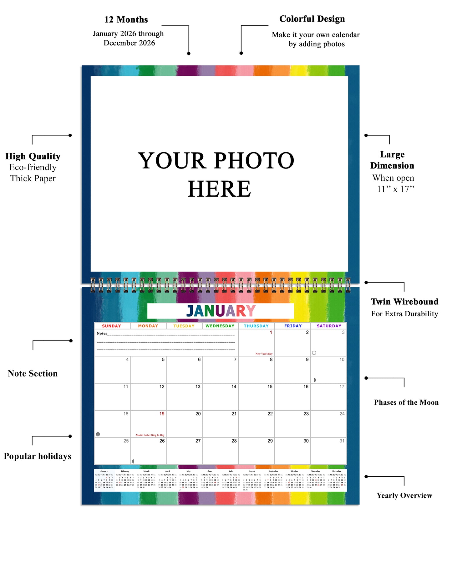 Personalized Custom 2027 Wall Calendar Spiral-bound (Add Your Photos) - 12 Months Desktop/Wall Calendar/Planner - Premium Quality 11 inches by 8.5 inches (11 x 17 Inches Open) Made in USA (Edition #15)