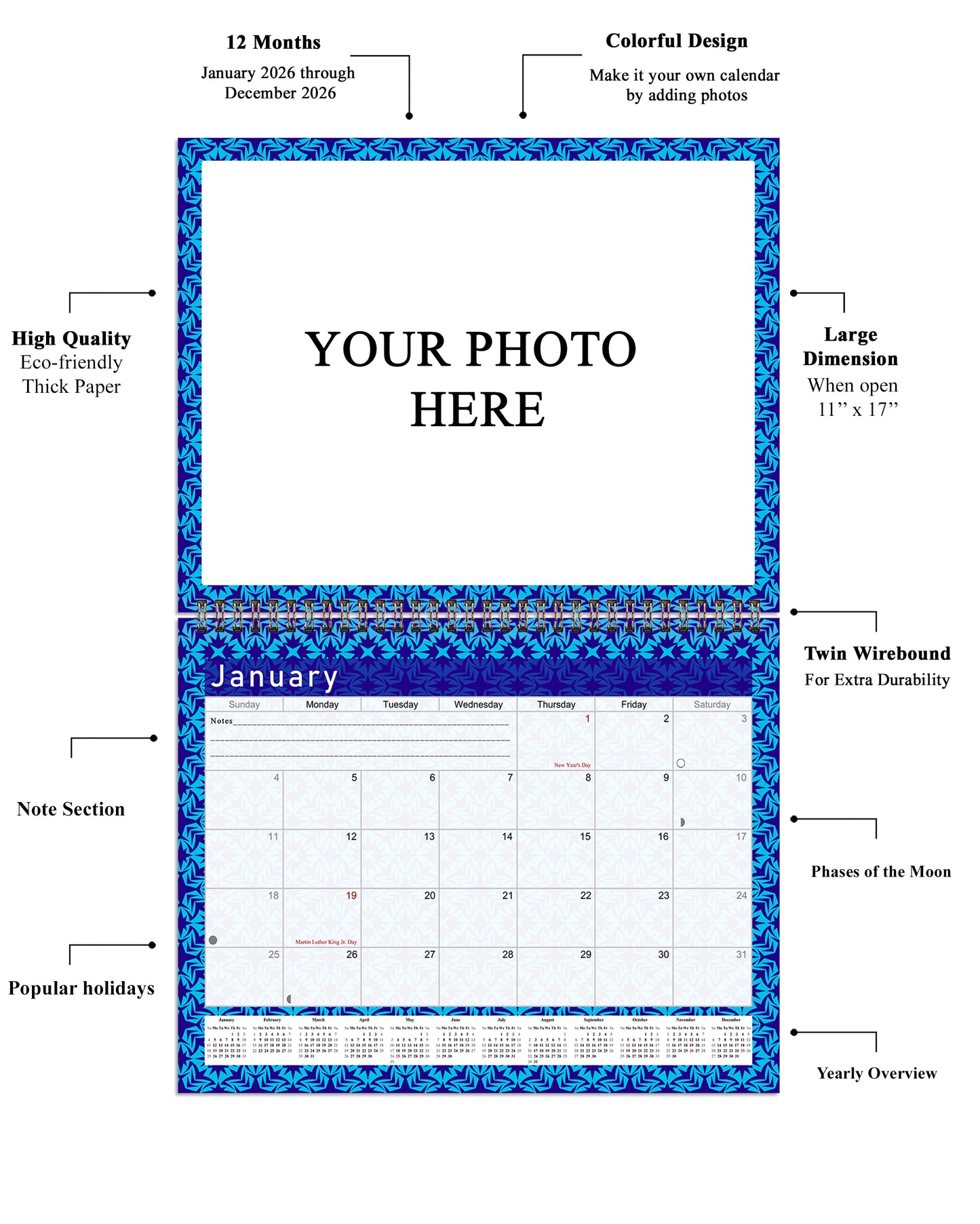 Personalized Custom 2027 Wall Calendar Spiral-bound (Add Your Photos) - 12 Months Desktop/Wall Calendar/Planner - Premium Quality 11 inches by 8.5 inches (11 x 17 Inches Open) Made in USA (Edition #07)