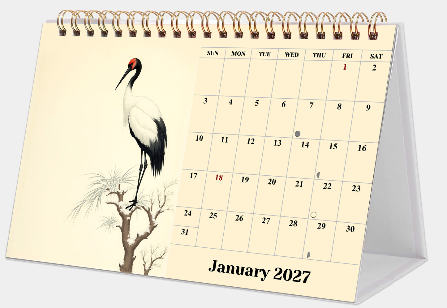 2027-12 Months Desk Calendar Desktop Planner with To-Do List (Ukioy-e Birds)