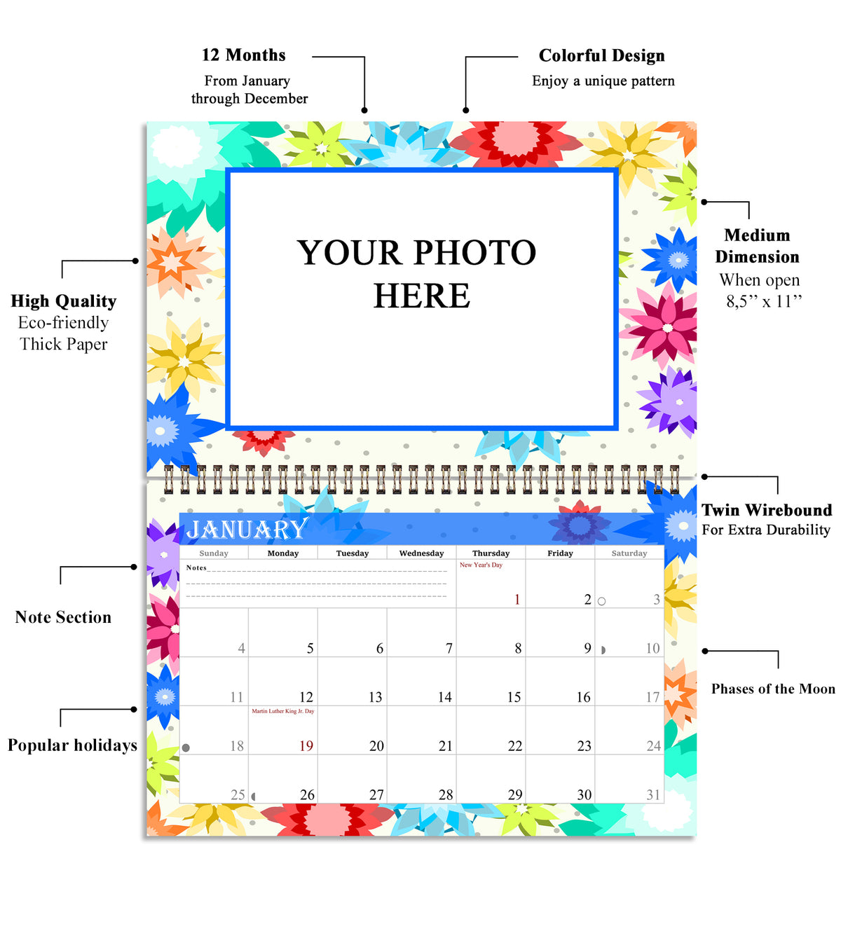 Personalized Custom 12 Months Calendar 2027 Collecting Memories Wall/Desktop/Planner Spiral-bound Mini 8.5x11 Inch (Add Your Own Photos) - Customized For Home, Office, Party, Birthday, Christmas Gift - Made in USA (Edition #01)
