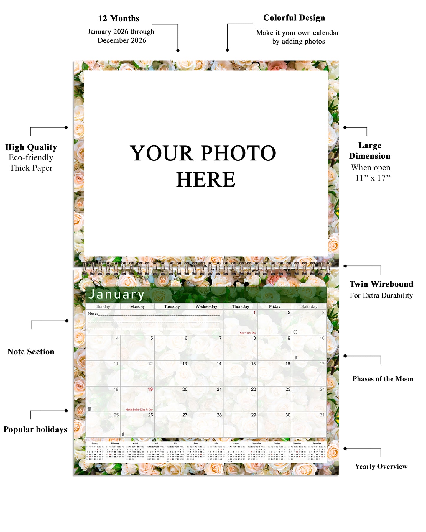 Personalized Custom 2027 Wall Calendar Spiral-bound (Add Your Photos) - 12 Months Desktop/Wall Calendar/Planner - Premium Quality 11 inches by 8.5 inches (11 x 17 Inches Open) Made in USA (Edition #12)