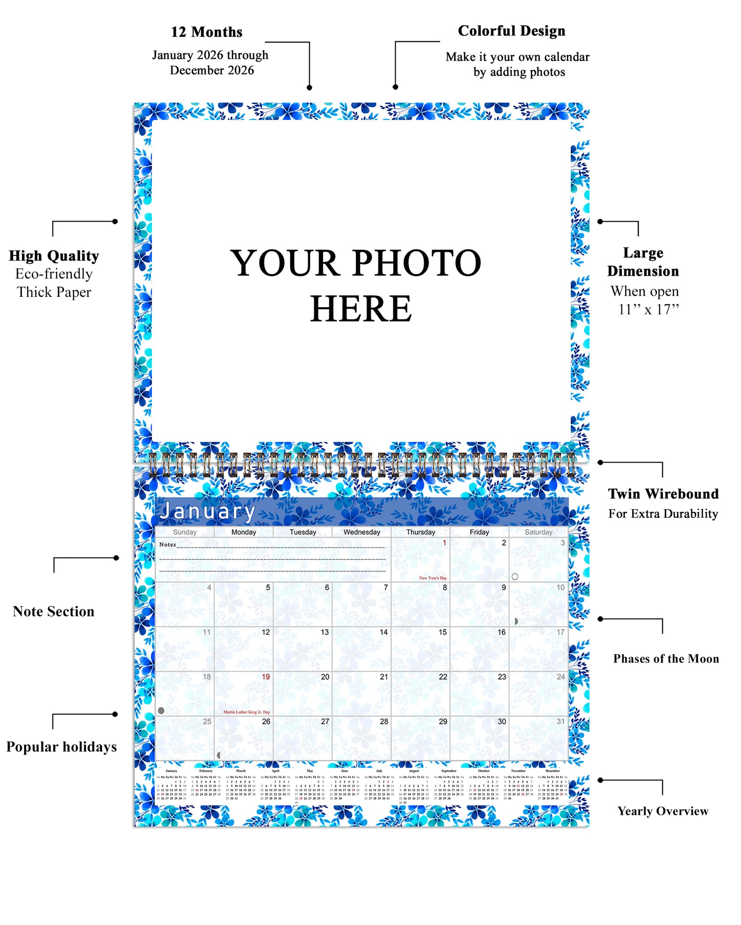 Personalized Custom 2027 Wall Calendar Spiral-bound (Add Your Photos) - 12 Months Desktop/Wall Calendar/Planner - Premium Quality 11 inches by 8.5 inches (11 x 17 Inches Open) Made in USA (Edition #11)