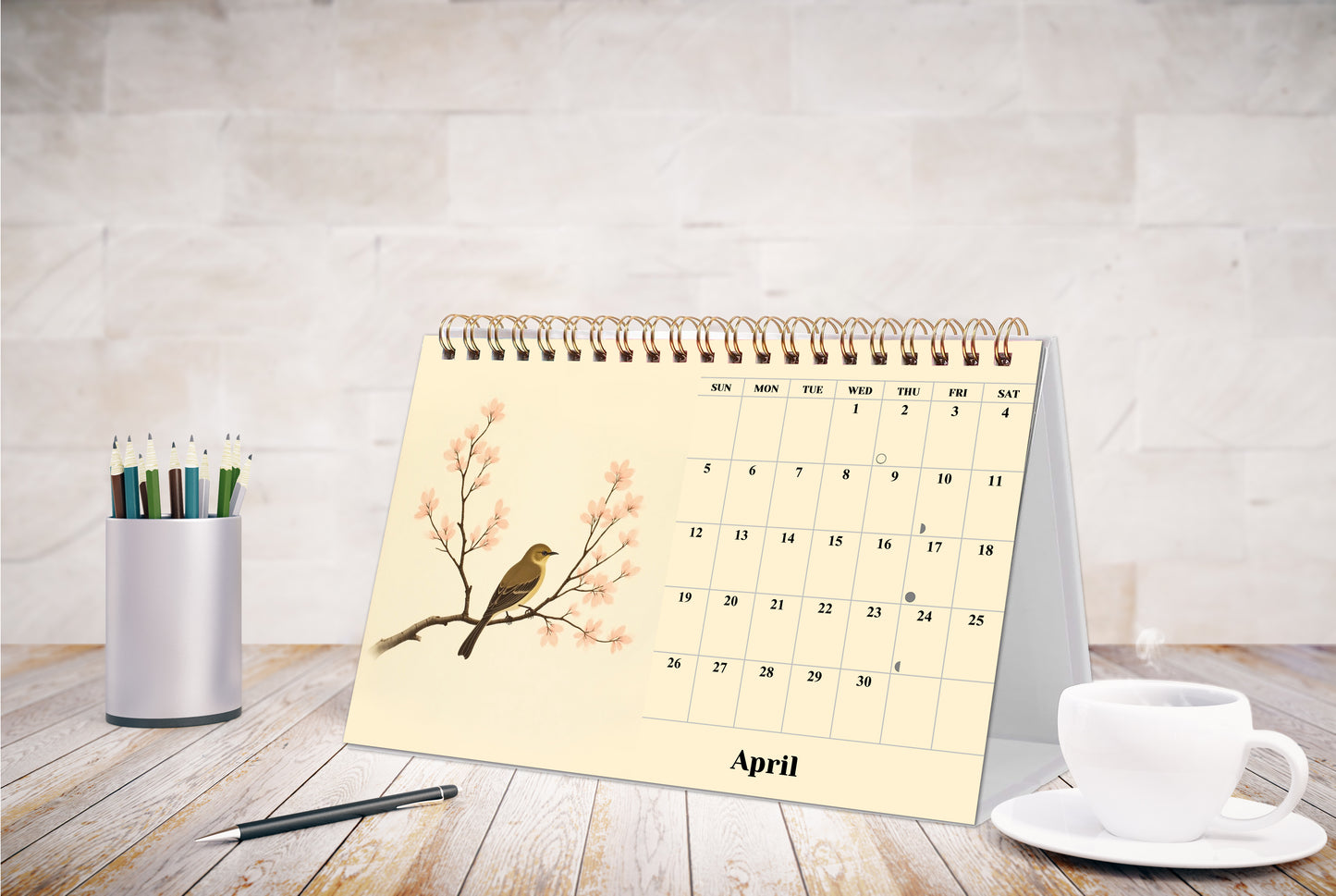 2026-12 Months Desk Calendar Desktop Planner with To-Do List (Ukioy-e Birds)