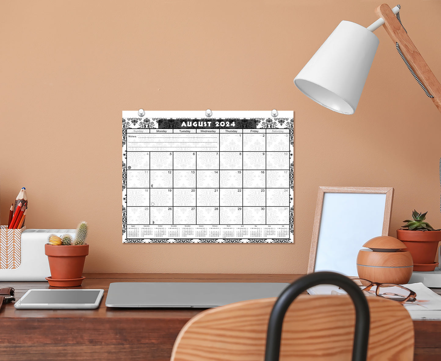 2024-2025 Academic Year 12 Months Student Calendar/Planner for 3-Ring Binder, Desk or Wall (Black & White Damask - Edition #009)