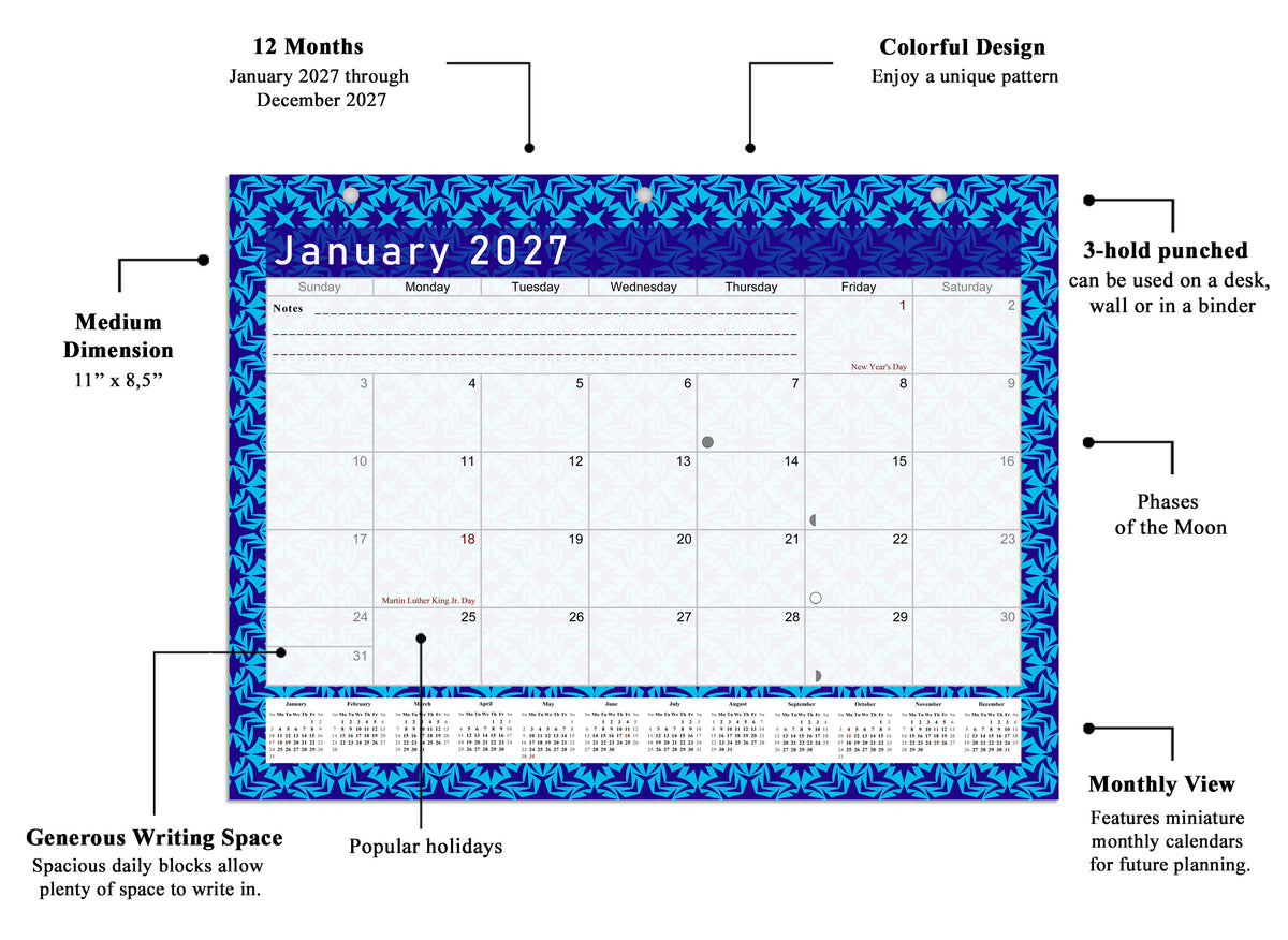 2026 - 2027 Student Calendar/Planner for 3-Ring Binder, Desk, or Wall - v017