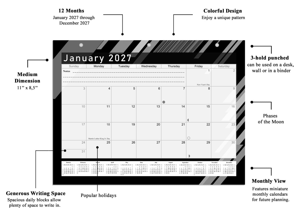 2026 - 2027 Student Calendar/Planner for 3-Ring Binder, Desk, or Wall - Black&White -v013