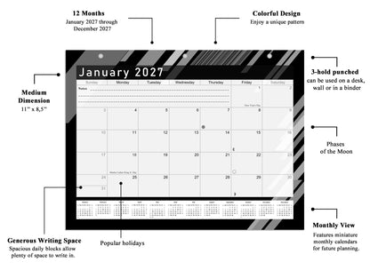2026 - 2027 Student Calendar/Planner for 3-Ring Binder, Desk, or Wall - Black&White -v013