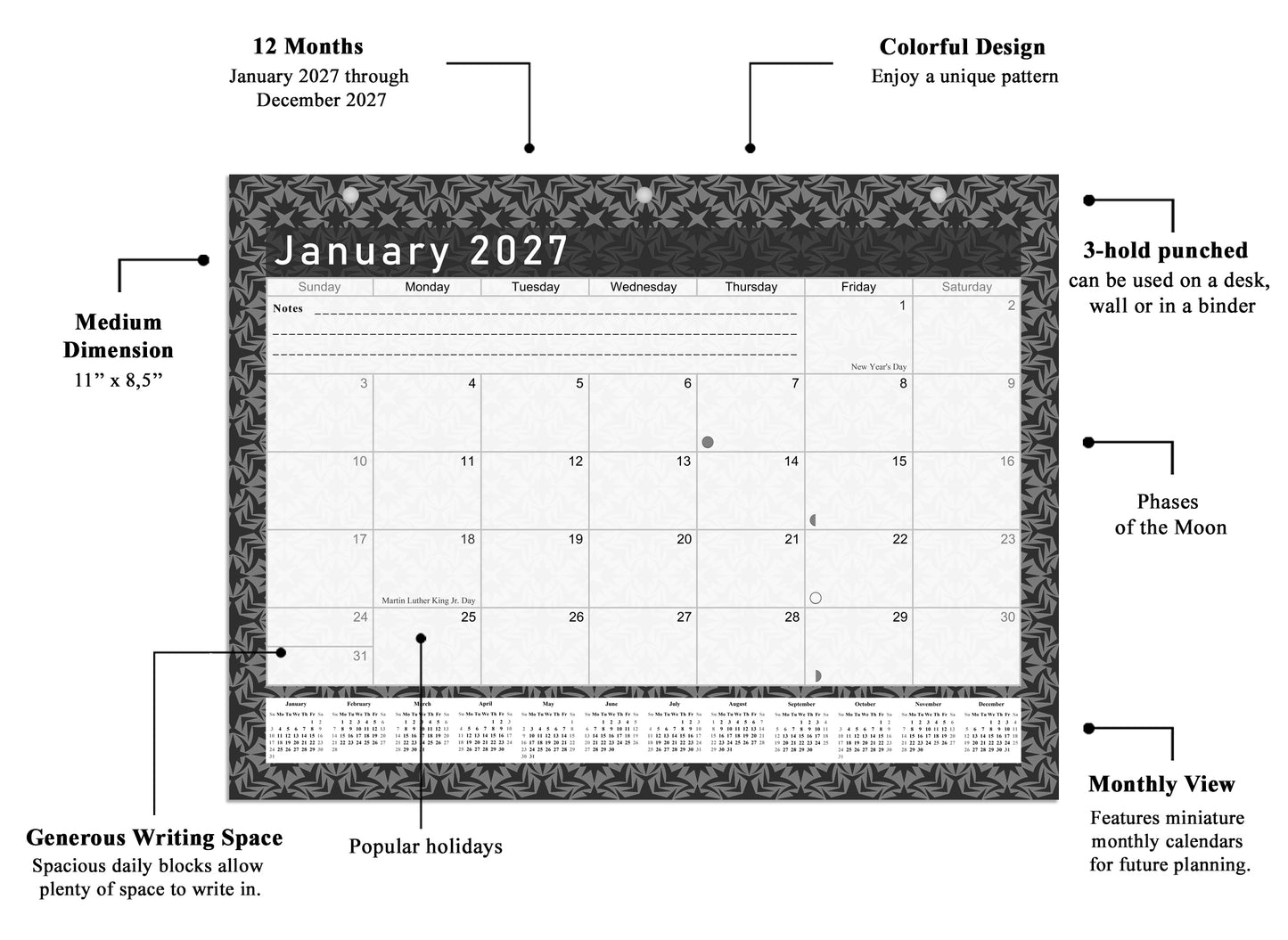 2026 - 2027 Student Calendar/Planner for 3-Ring Binder, Desk, or Wall - Black&White -v017