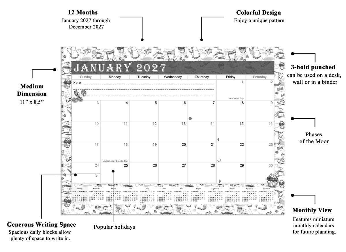 2026 - 2027 Student Calendar/Planner for 3-Ring Binder, Desk, or Wall - Black&White -v030