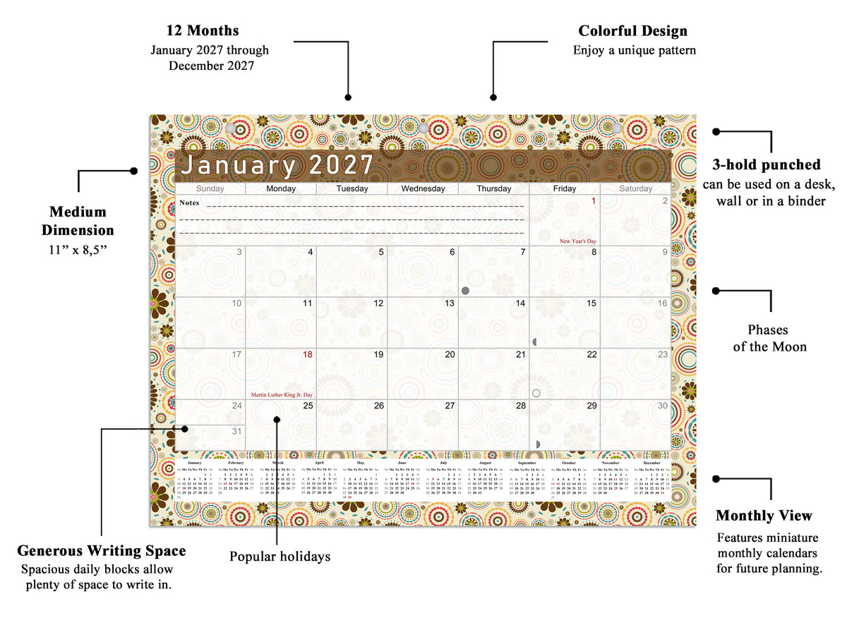 2026 - 2027 Student Calendar/Planner for 3-Ring Binder, Desk, or Wall - v020
