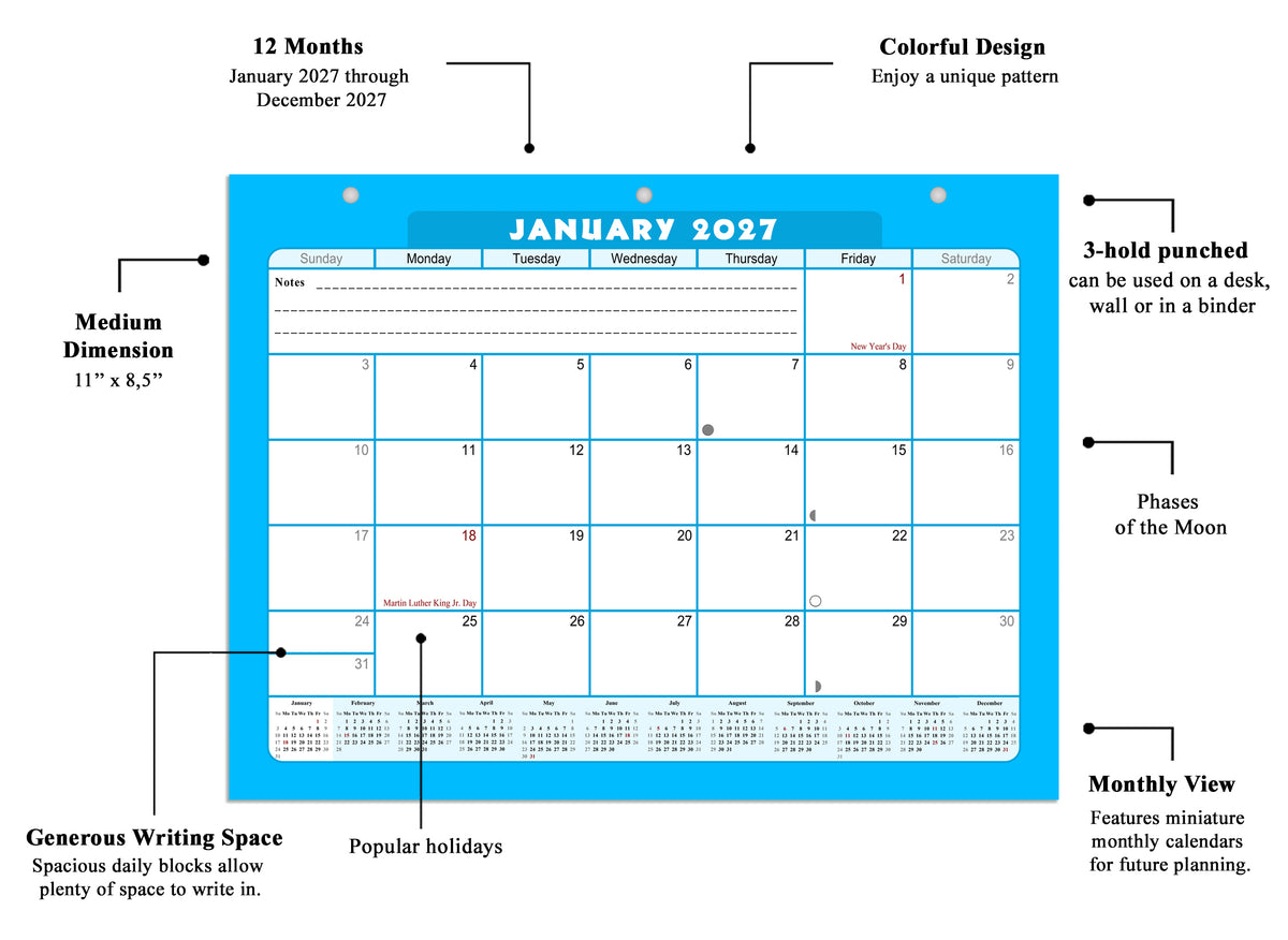 2026 - 2027 Student Calendar/Planner for 3-Ring Binder, Desk, or Wall - v007