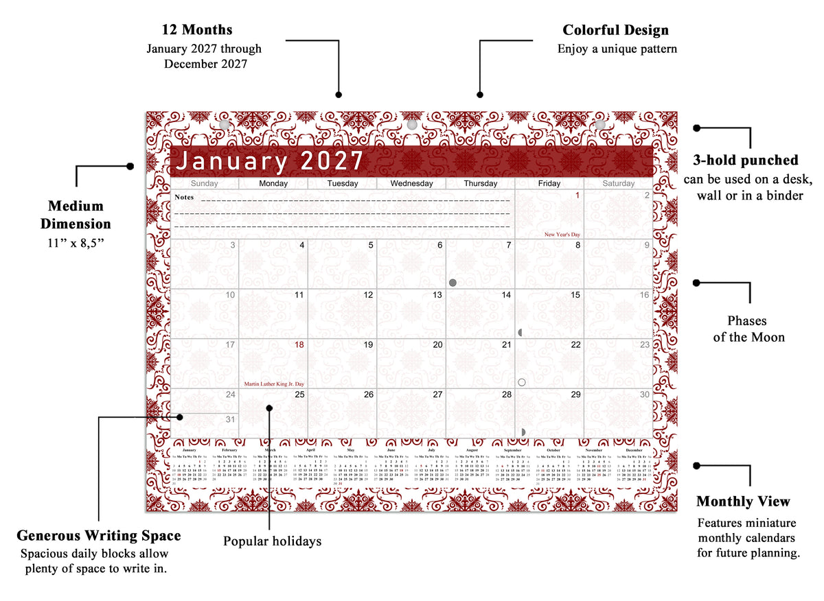 2026 - 2027 Student Calendar/Planner for 3-Ring Binder, Desk, or Wall - v014