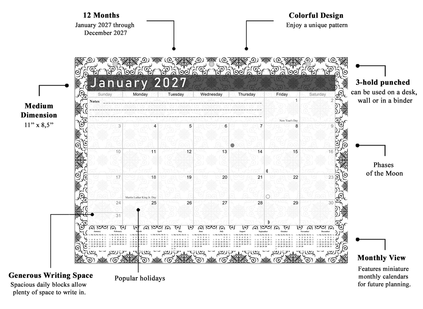 2026 - 2027 Student Calendar/Planner for 3-Ring Binder, Desk, or Wall - Black&White -v014