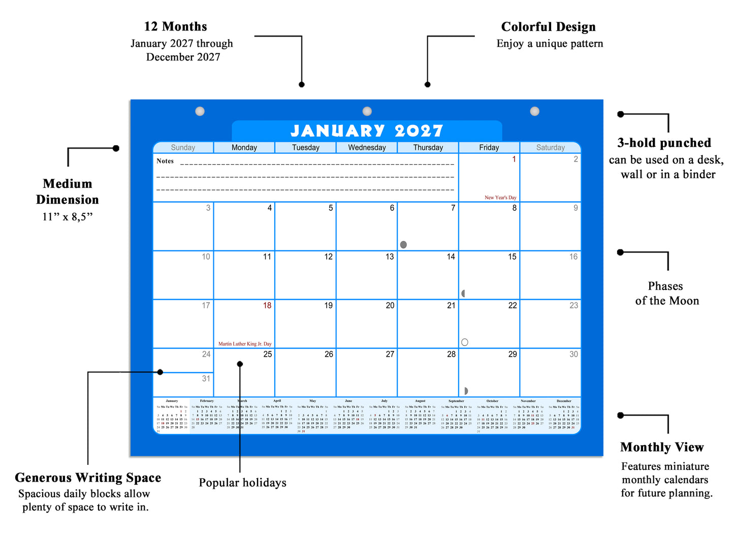 2026 - 2027 Student Calendar/Planner for 3-Ring Binder, Desk, or Wall - v006