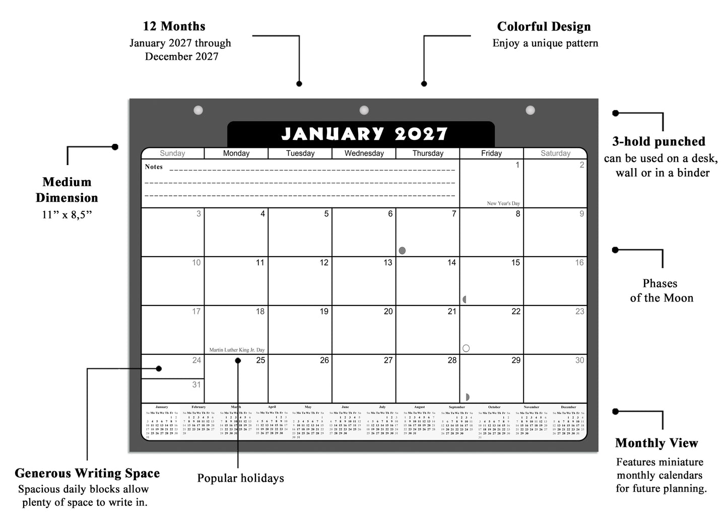 2026 - 2027 Student Calendar/Planner for 3-Ring Binder, Desk, or Wall - v031