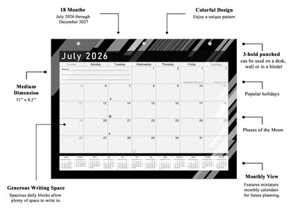 2026 - 2027 Student Calendar/Planner for 3-Ring Binder, Desk, or Wall - Black&White -v013