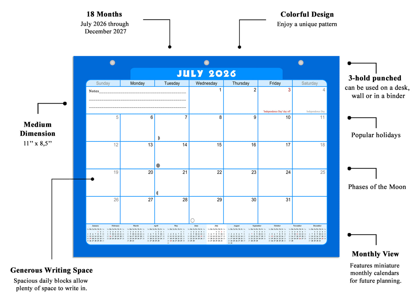 2026 - 2027 Student Calendar/Planner for 3-Ring Binder, Desk, or Wall - v006