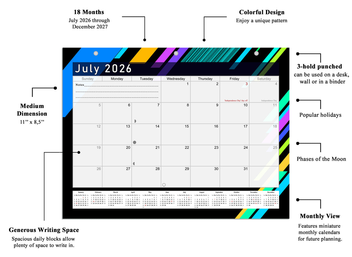2026 - 2027 Student Calendar/Planner for 3-Ring Binder, Desk, or Wall - v013