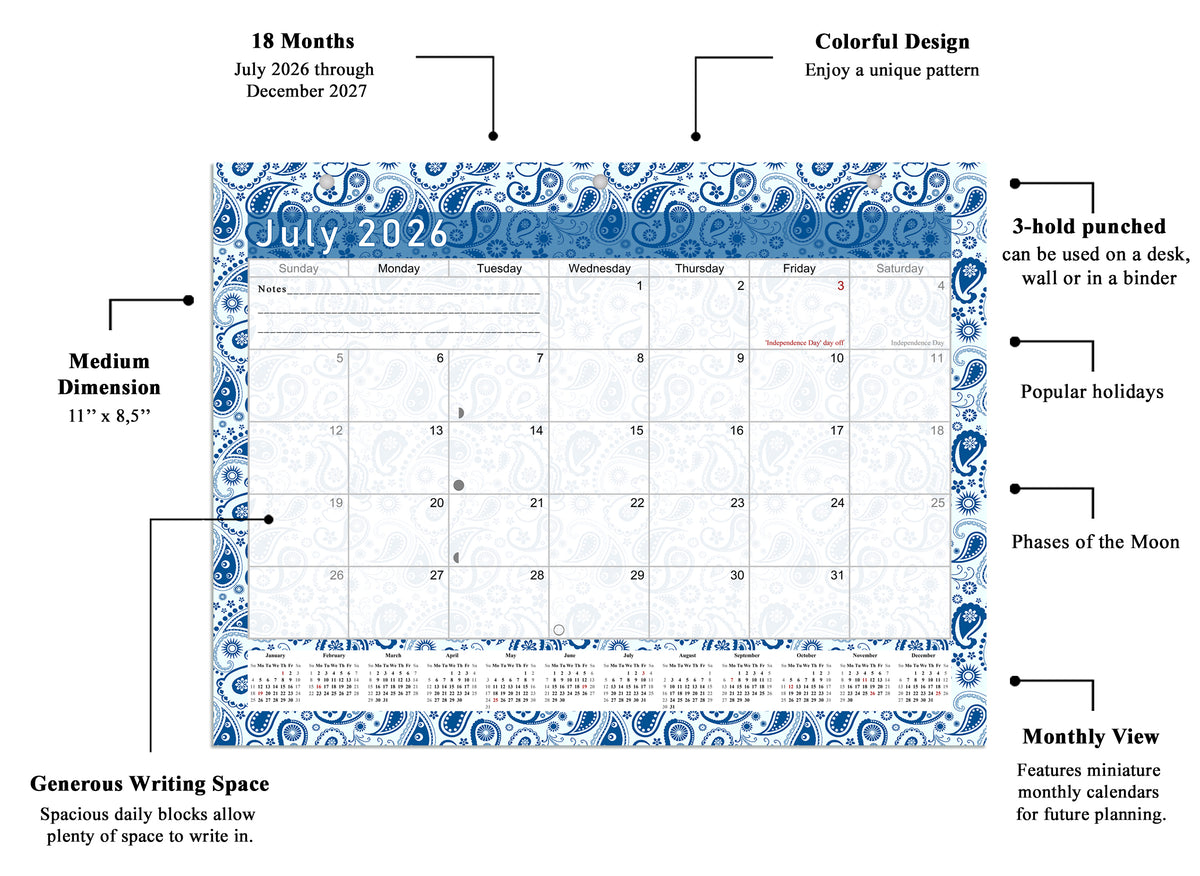2026 - 2027 Student Calendar/Planner for 3-Ring Binder, Desk, or Wall - v021