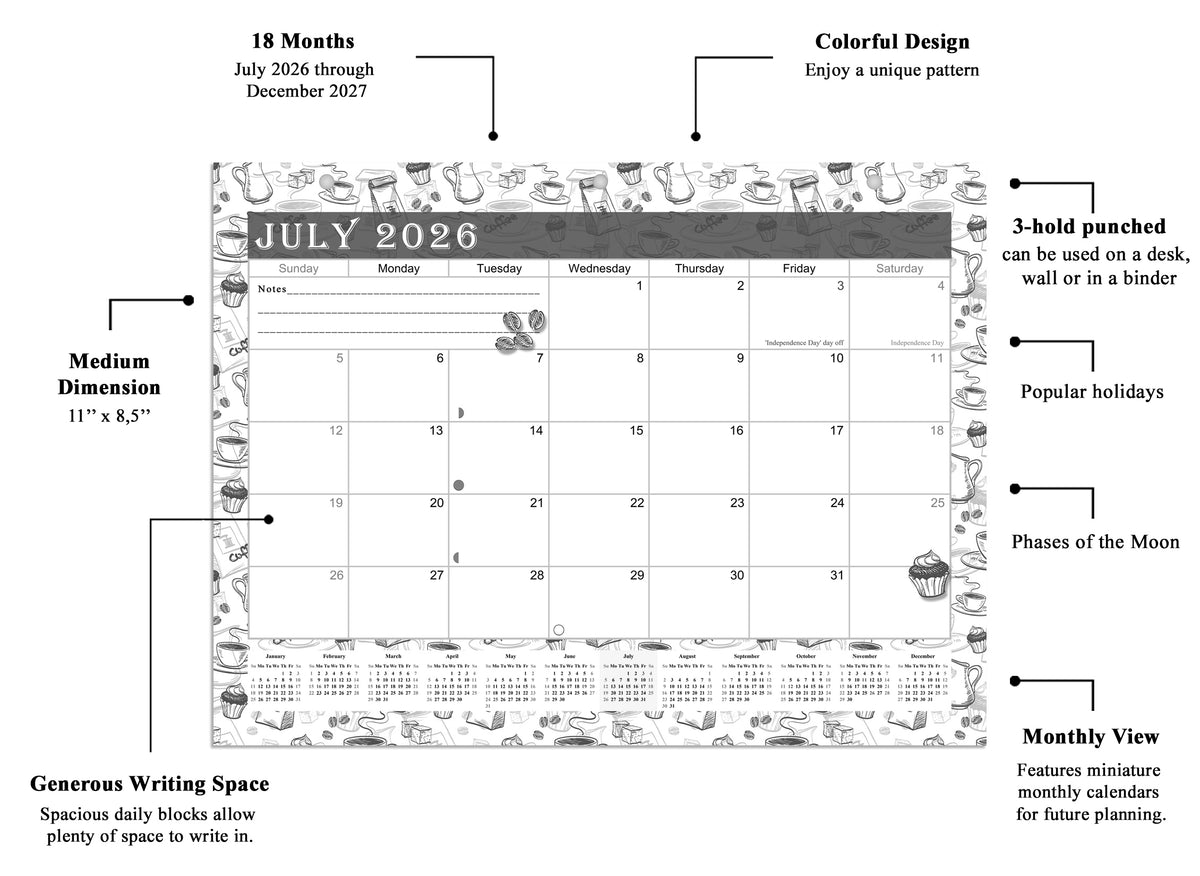2026 - 2027 Student Calendar/Planner for 3-Ring Binder, Desk, or Wall - Black&White -v030