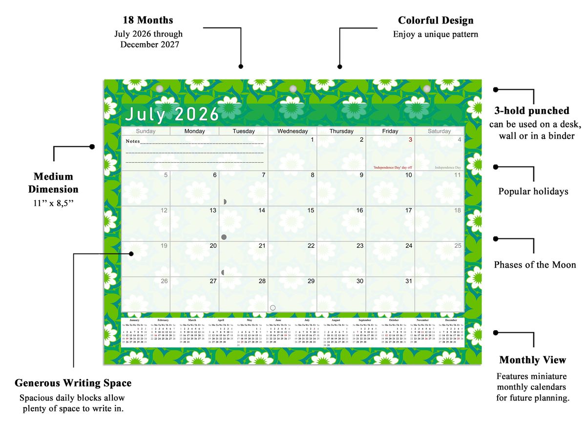 2026 - 2027 Student Calendar/Planner for 3-Ring Binder, Desk, or Wall - v016