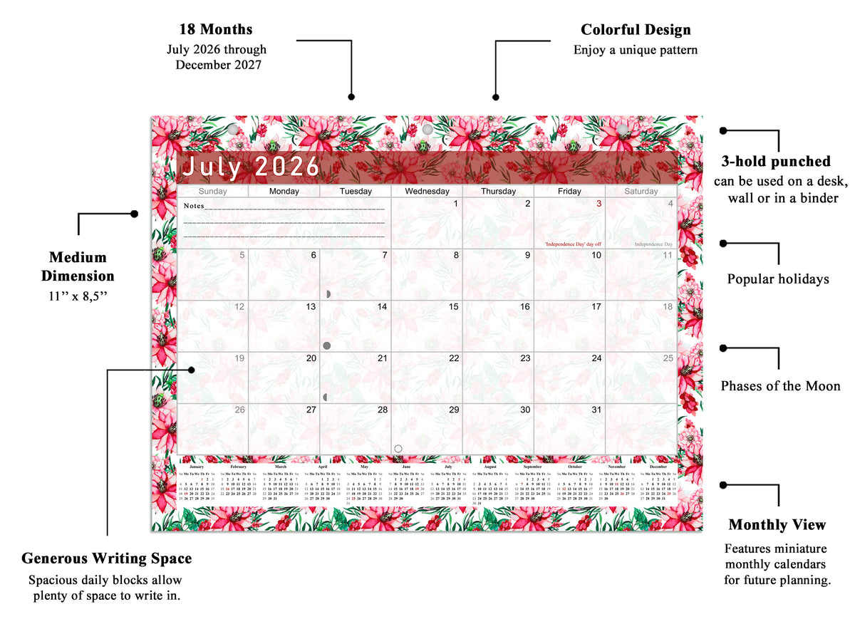 2026 - 2027 Student Calendar/Planner for 3-Ring Binder, Desk, or Wall - v022