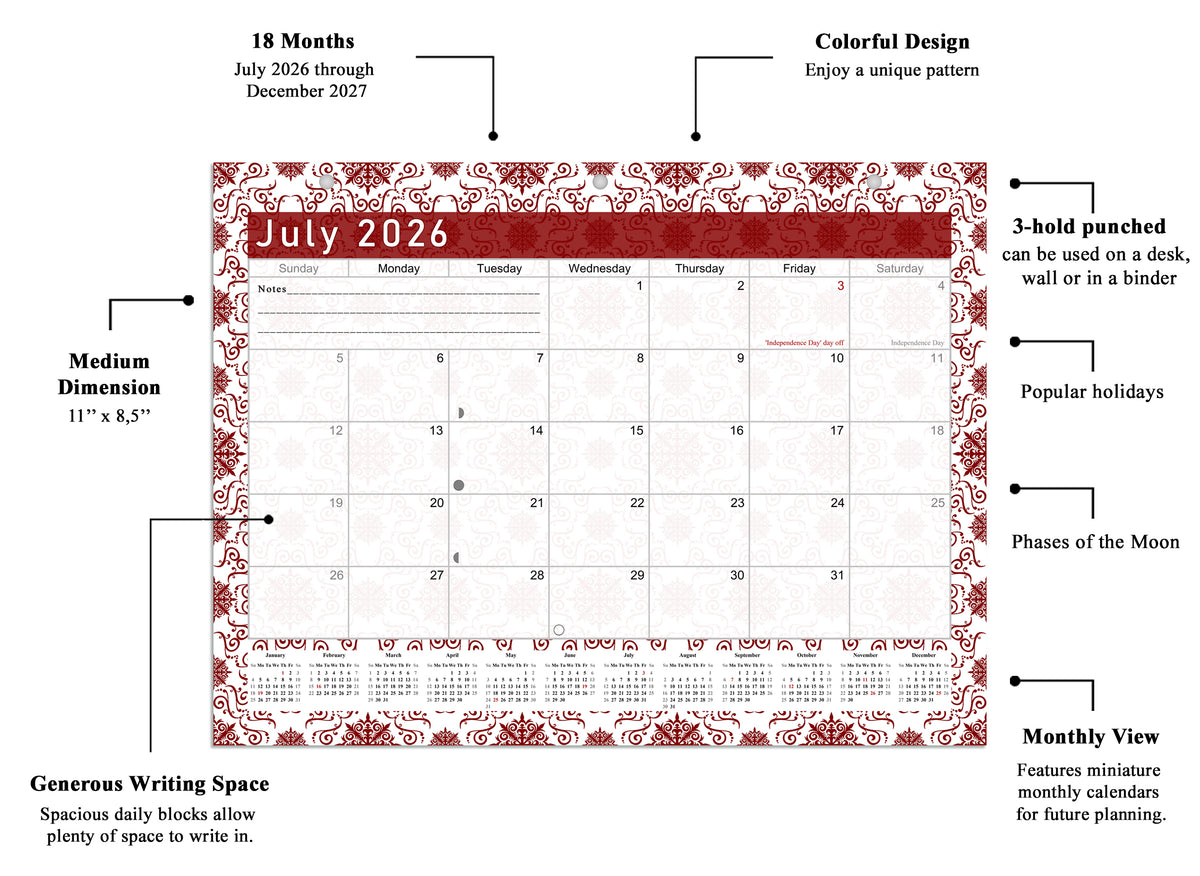 2026 - 2027 Student Calendar/Planner for 3-Ring Binder, Desk, or Wall - v014