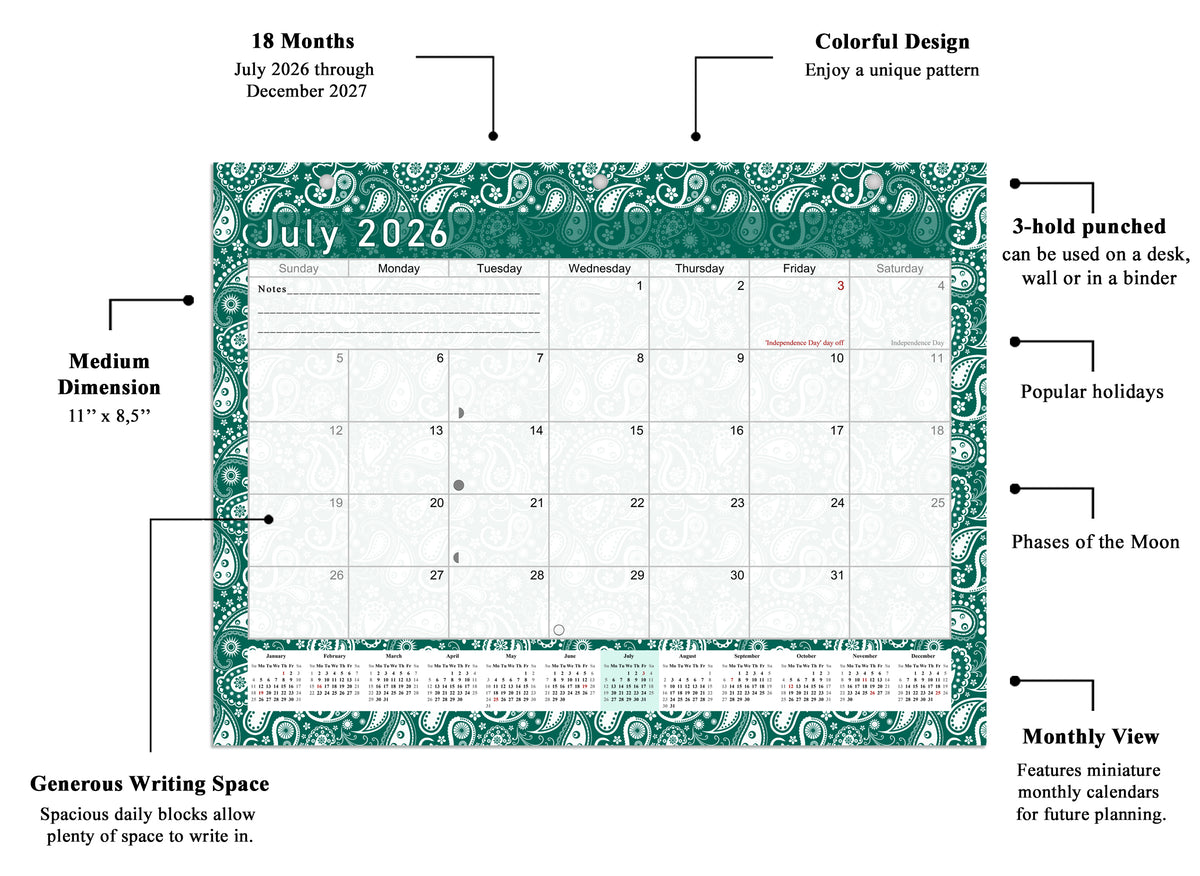 2026 - 2027 Student Calendar/Planner for 3-Ring Binder, Desk, or Wall - v024