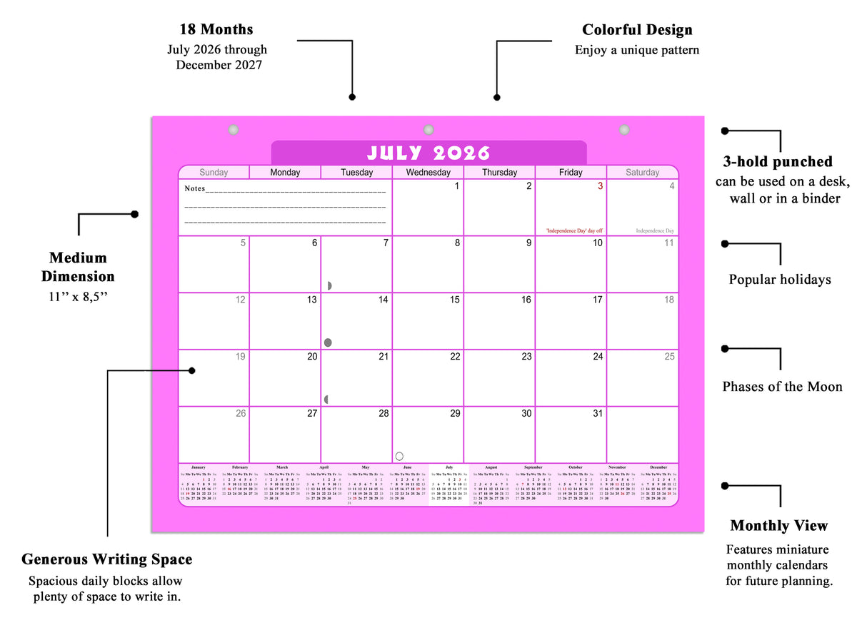 2026 - 2027 Student Calendar/Planner for 3-Ring Binder, Desk, or Wall - v007