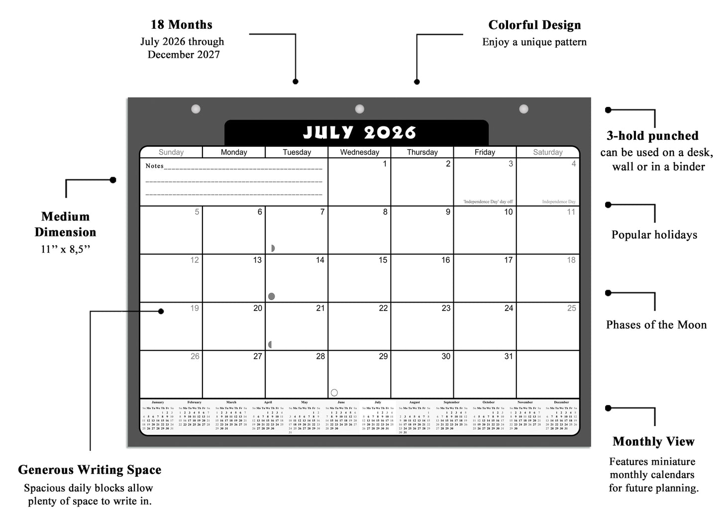 2026 - 2027 Student Calendar/Planner for 3-Ring Binder, Desk, or Wall - v031