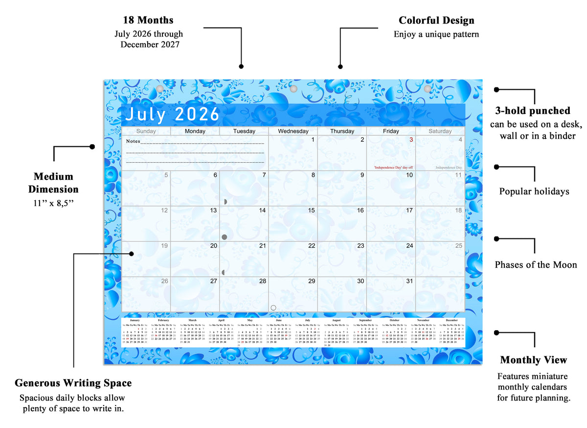 2026 - 2027 Student Calendar/Planner for 3-Ring Binder, Desk, or Wall - v019